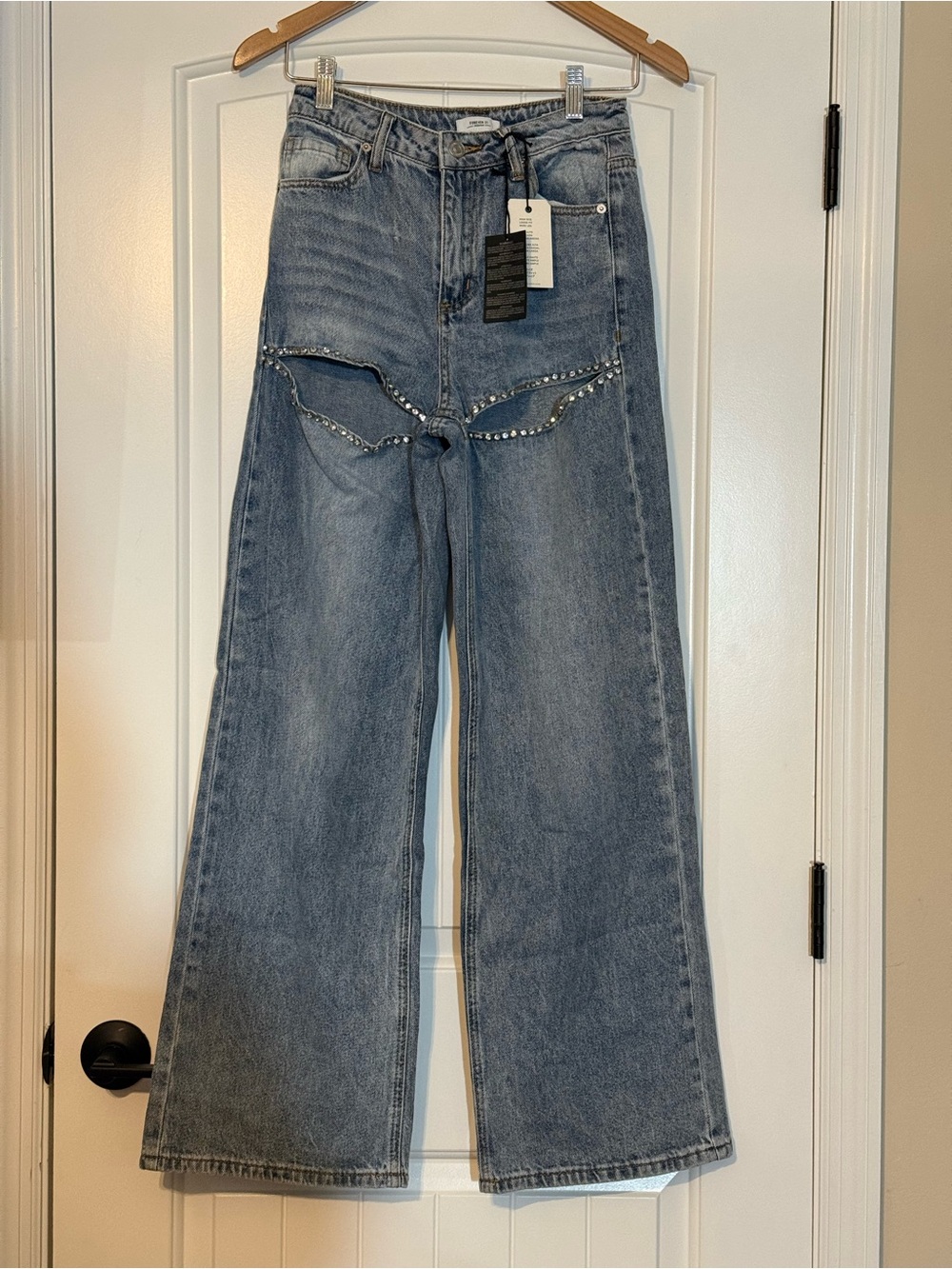 Forever 21 Light Blue Studded Wide-Leg Jeans